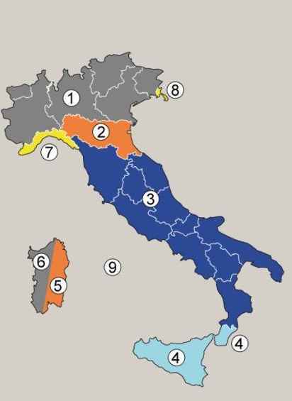Mappa delle zone in cui è suddiviso il territorio italiano
